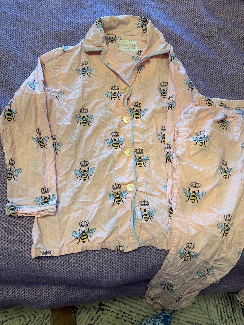 Women’s Pink Bee Print Pajama Set with Crown Accents